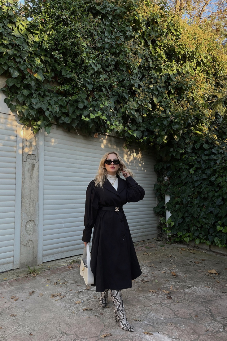 Siyah Kruvaze Yaka Kolları Düğmeli Trenckot ATE2454 - EYYO