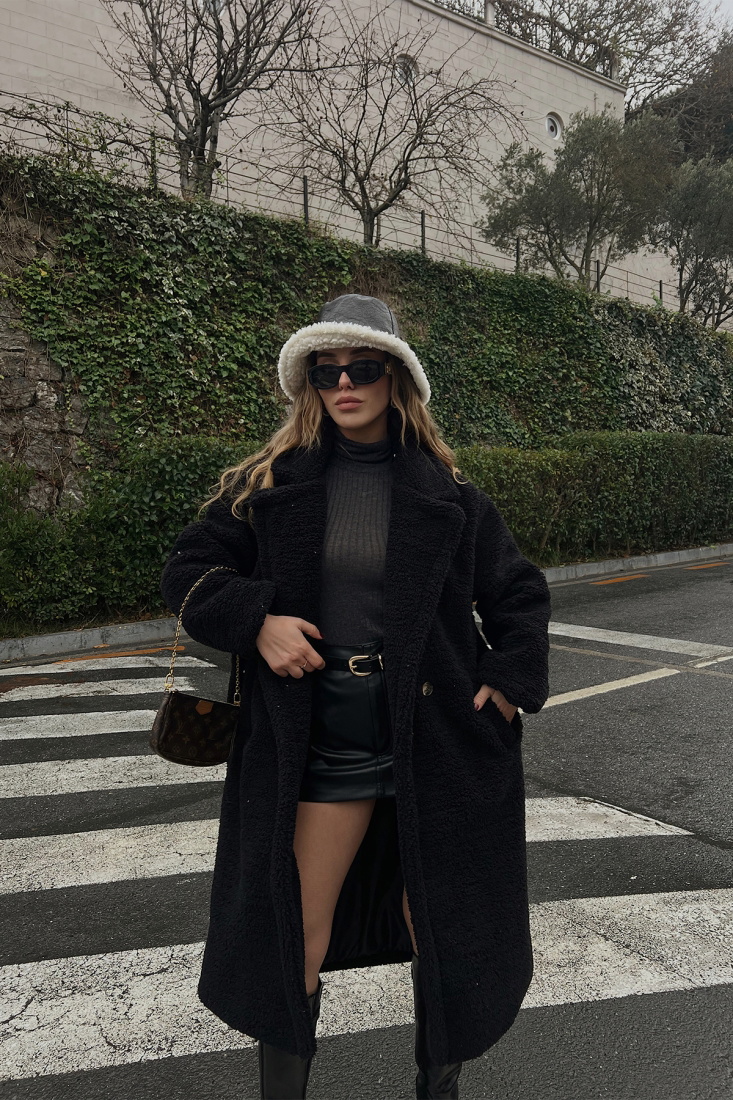 Siyah Kruvaze Yaka Peluş Kaban ATE3123 - EYYO