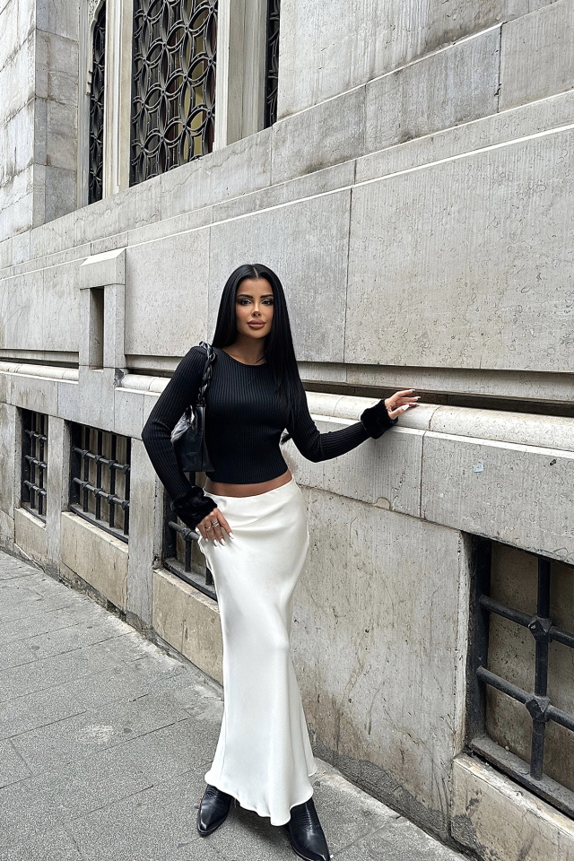 Siyah Kürk Detay Crop Top ATE8571 