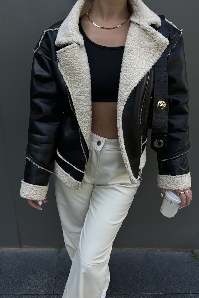 Siyah Kürk Detay Deri Ceket ATE2307 - 2