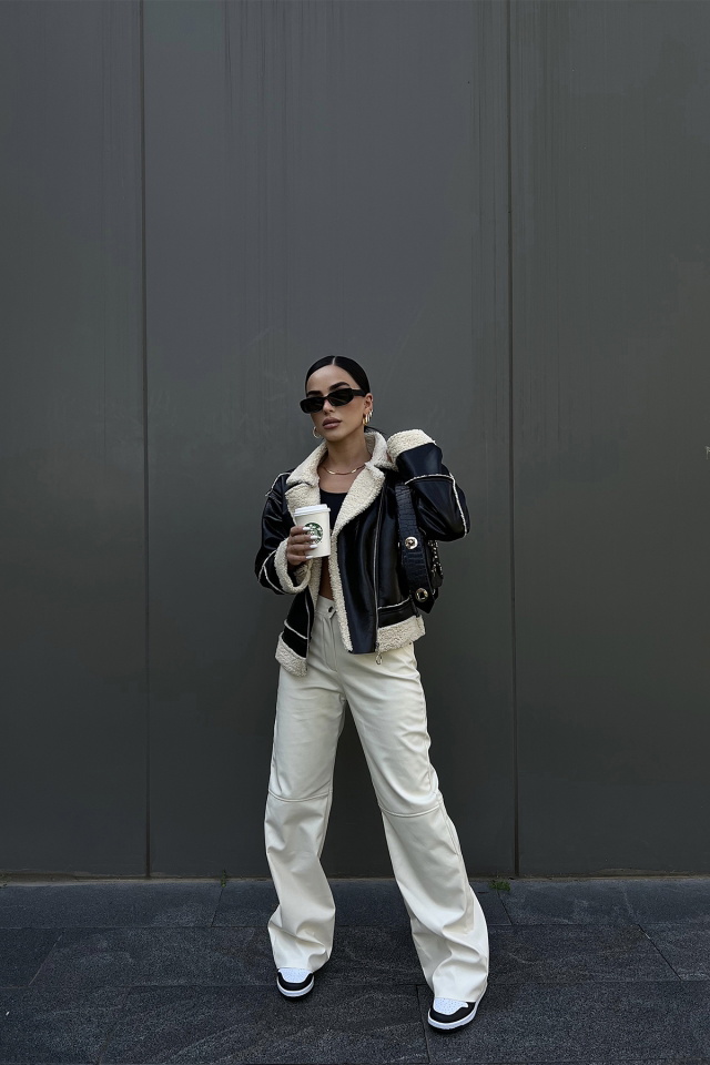 Siyah Kürk Detay Deri Ceket ATE2307 - 5