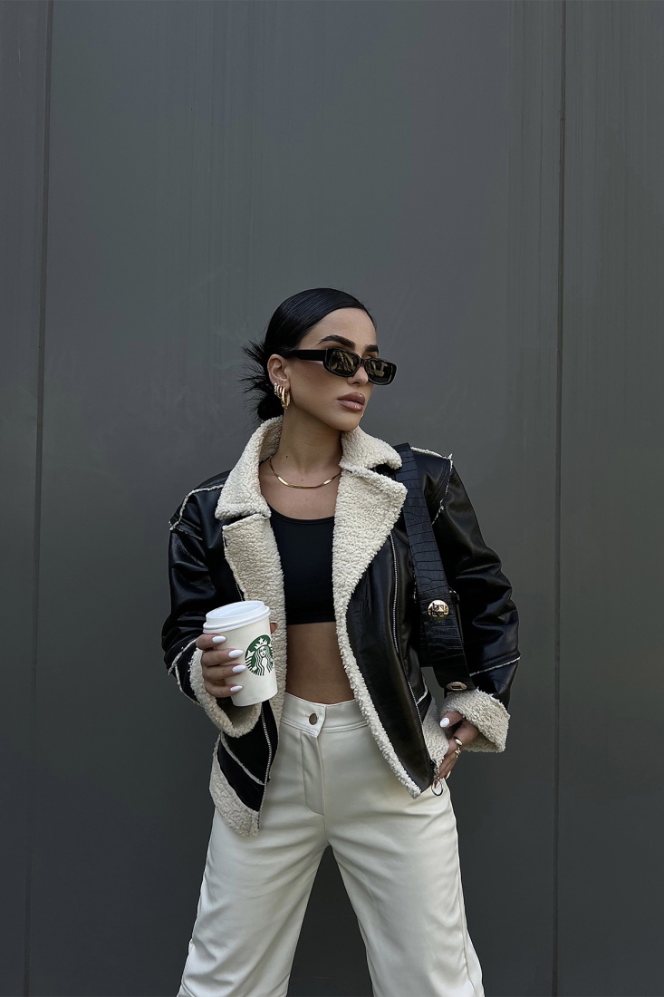 Siyah Kürk Detay Deri Ceket ATE2307 - EYYO