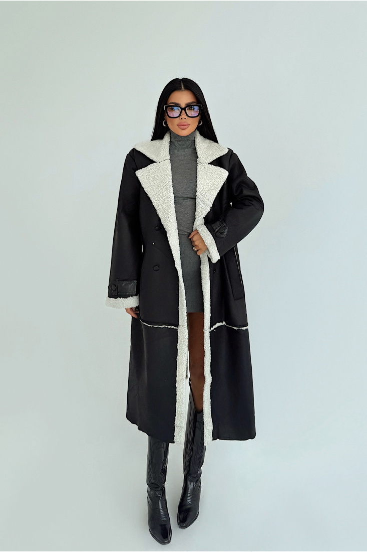 Siyah Taffeta Midi Boy İçi Kürklü Ceket ATE-3775 - EYYO