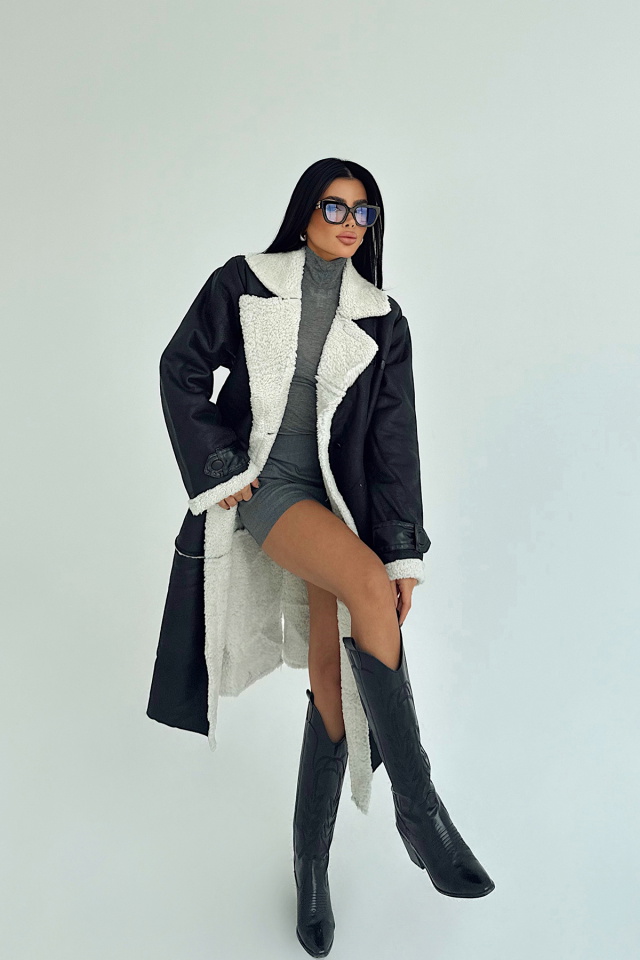 Siyah Taffeta Midi Boy İçi Kürklü Ceket ATE-3775 - 2