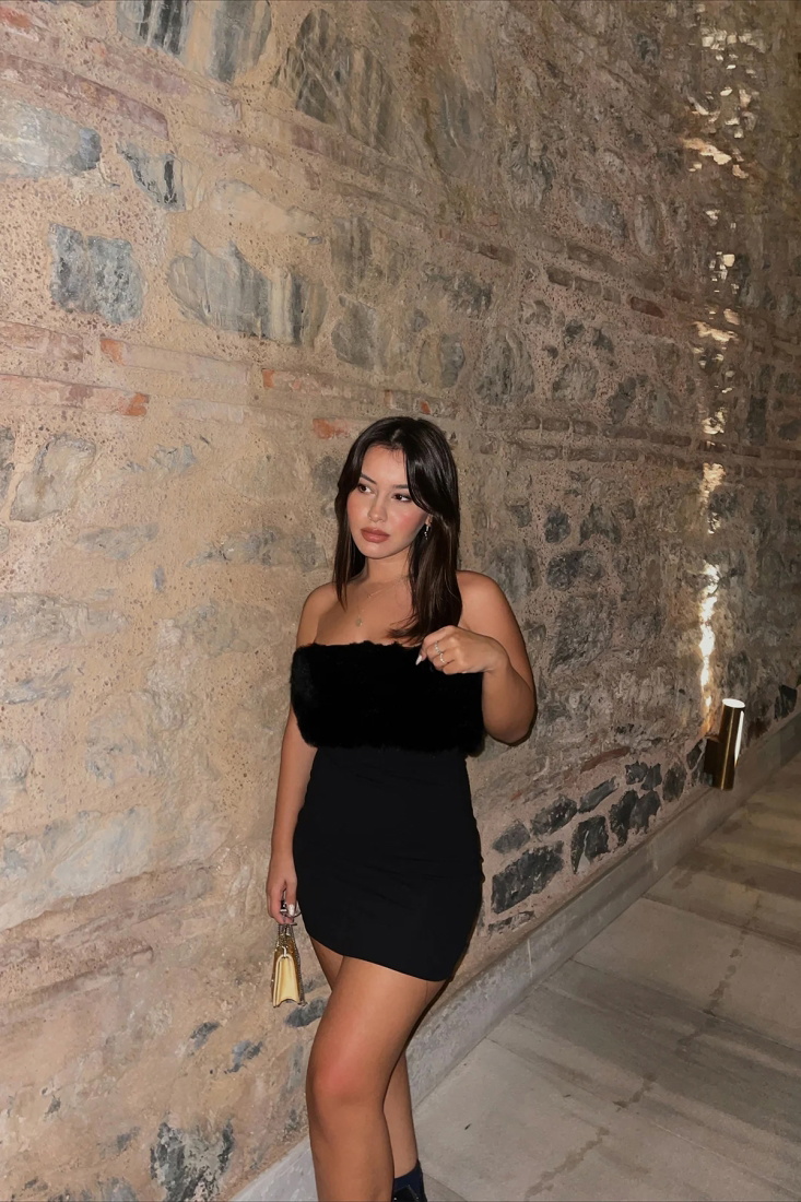 Siyah Kürk Detay Mini Elbise ATE2645 - EYYO
