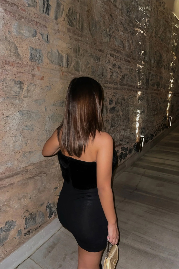 Siyah Kürk Detay Mini Elbise ATE2645 - EYYO