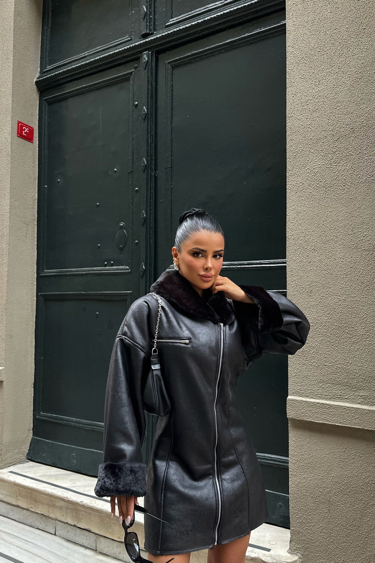 Siyah Kürk Detay Mont ATE-0155 - MEHTAP ÜRETİM