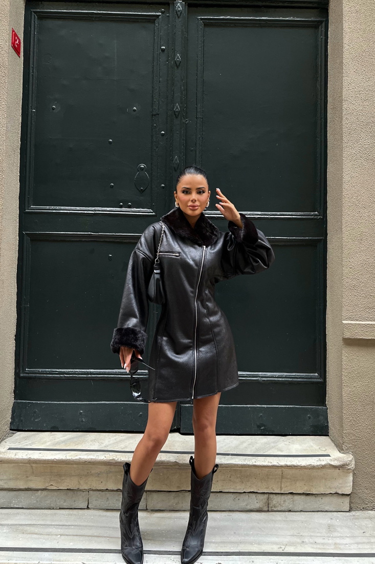 Siyah Kürk Detay Mont ATE-0155 - MEHTAP ÜRETİM