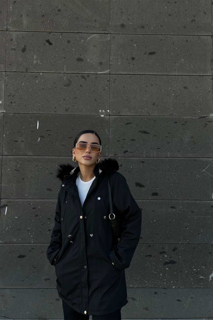 Siyah Kürk Detay Önü Düğmeli Mont ATE2419 - EYYO