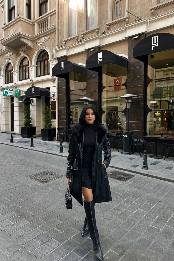 Siyah Kürk Detay Trenckot ATE-0407 - BİG DART