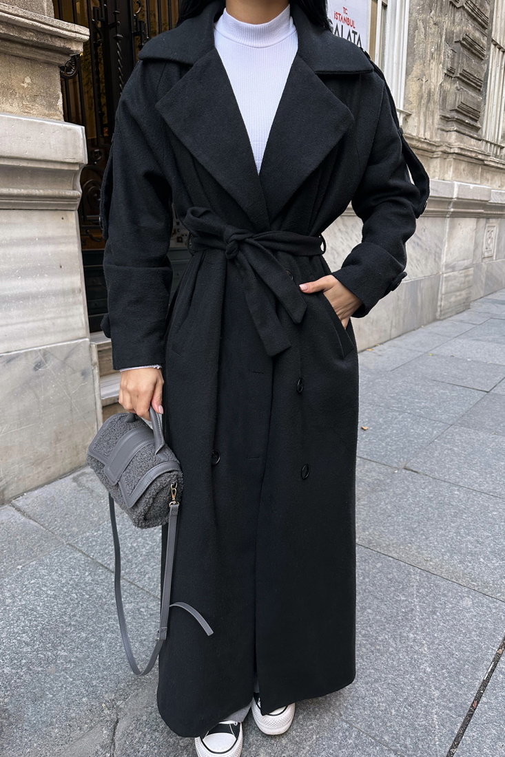 Siyah Kuşak Detay Düğmeli Kaban ATE-0745 - EYYO