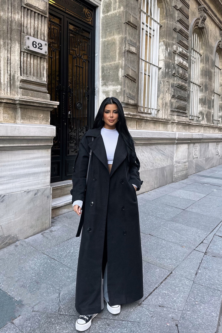 Siyah Kuşak Detay Düğmeli Kaban ATE-0745 - EYYO