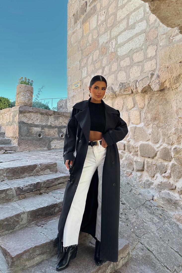 Siyah Kuşak Detay Trenckot ATE8653 - EYYO TOPTAN