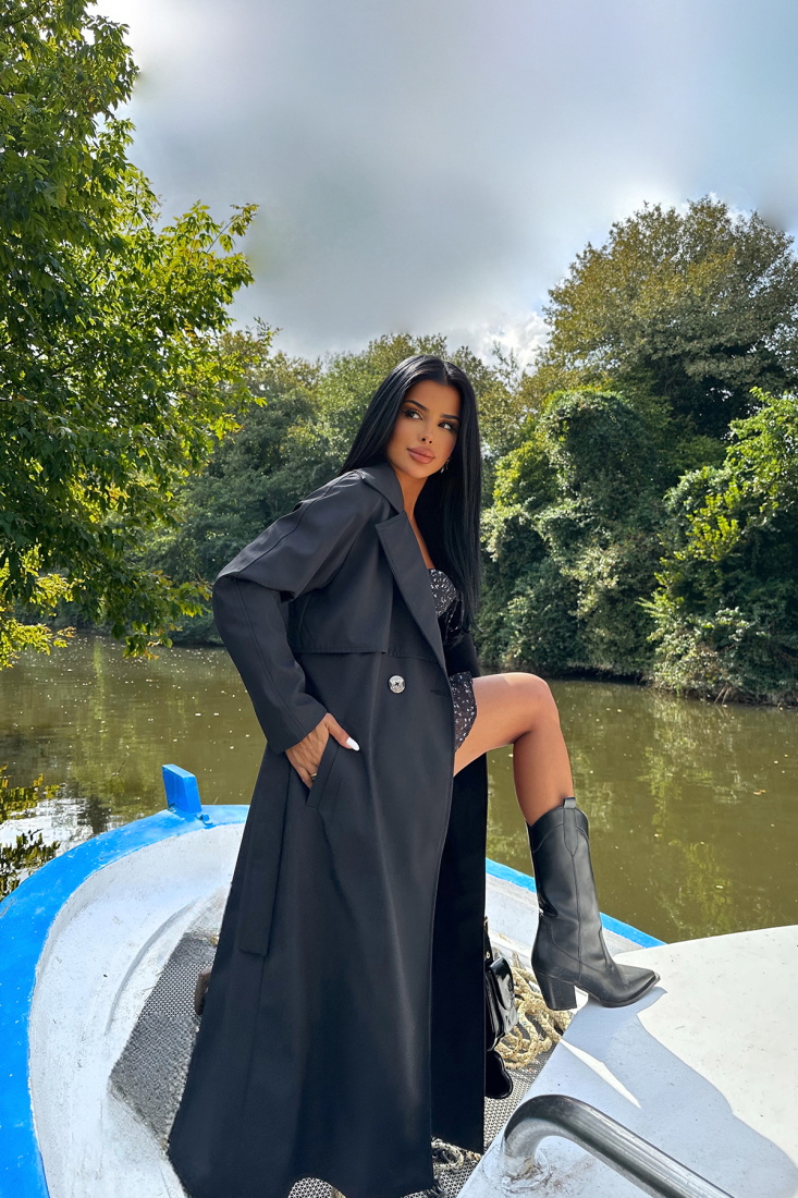 Siyah Kuşak Detay Trenckot ATE8766 - EYYO TOPTAN