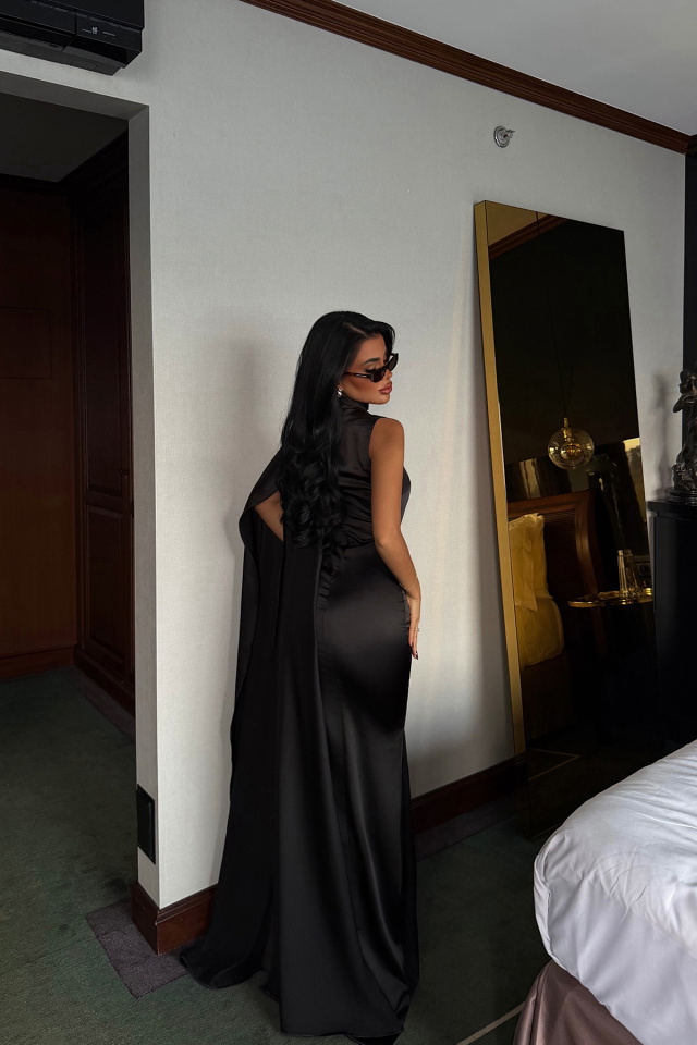 Siyah Messcy Uzun Fularlı Elbise ATE-3993 - 4