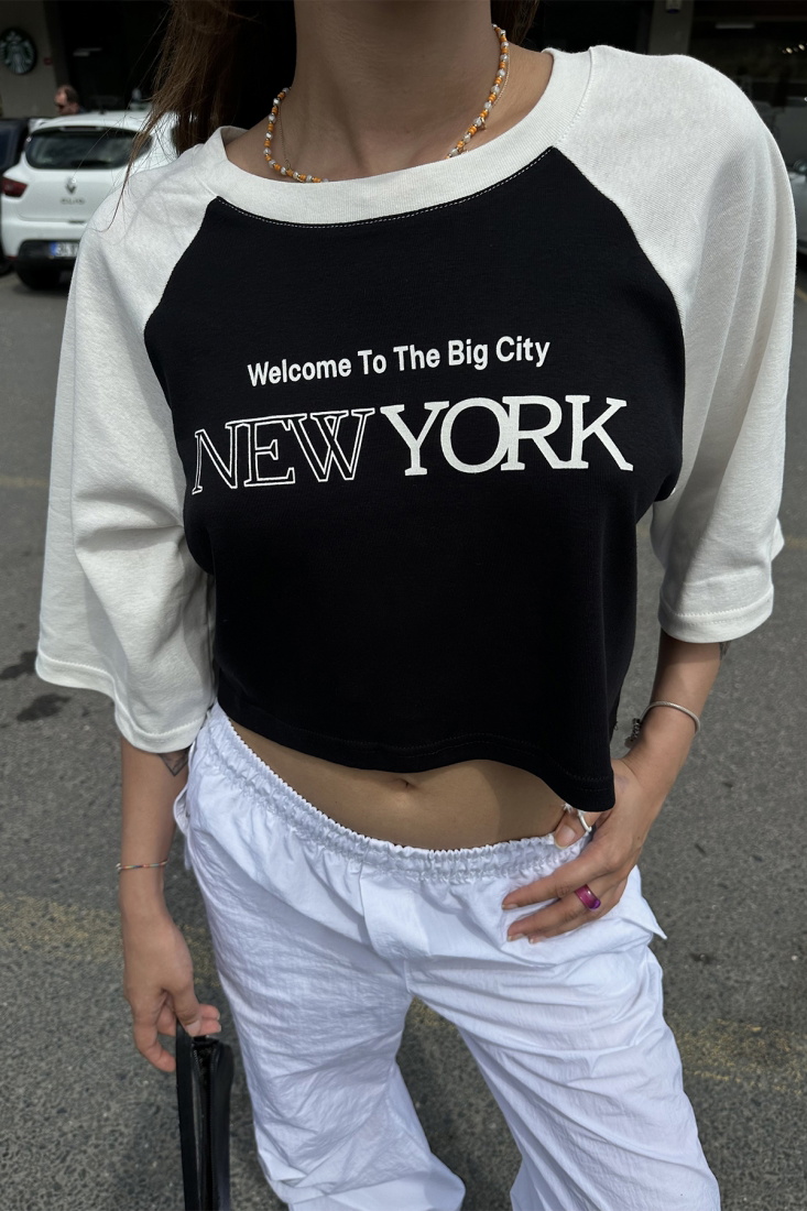 Siyah New York Yazılı Crop Top ATE7331 - DONT FASHİON