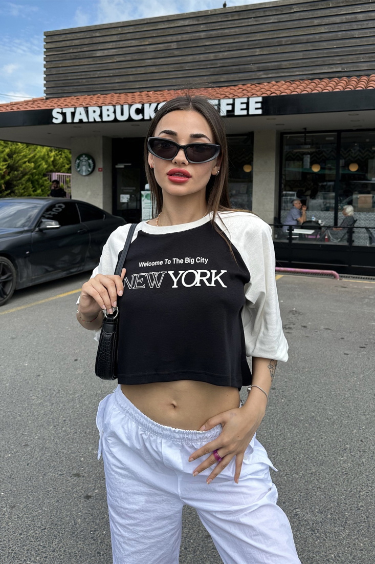 Siyah New York Yazılı Crop Top ATE7331 - DONT FASHİON