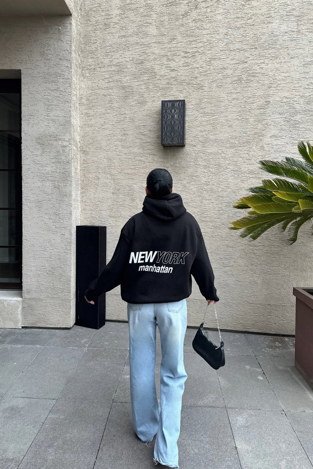 Siyah New York Yazılı Kapşonlu Sweat ATE-0449 - 3