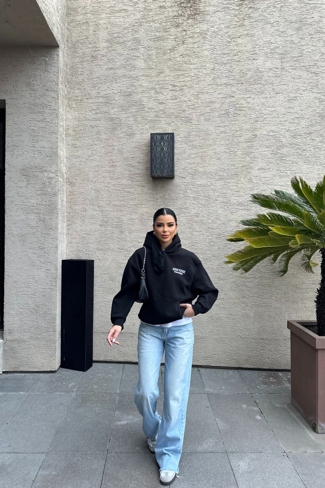 Siyah New York Yazılı Kapşonlu Sweat ATE-0449 - 4