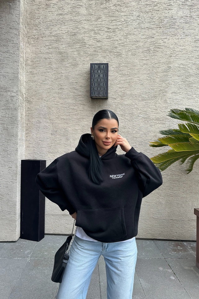 Siyah New York Yazılı Kapşonlu Sweat ATE-0449 