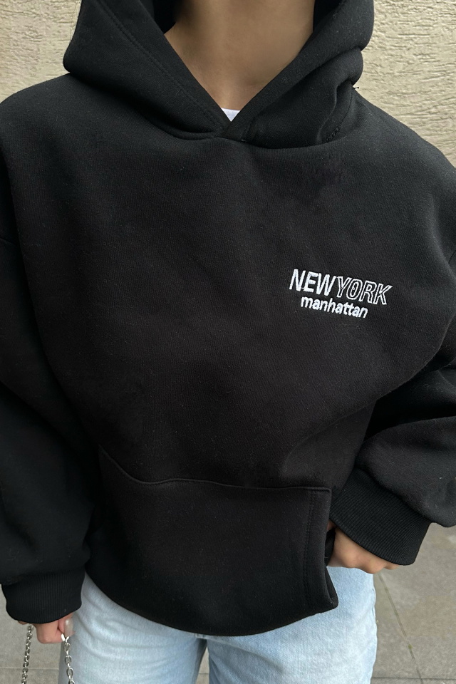 Siyah New York Yazılı Kapşonlu Sweat ATE-0449 - 2