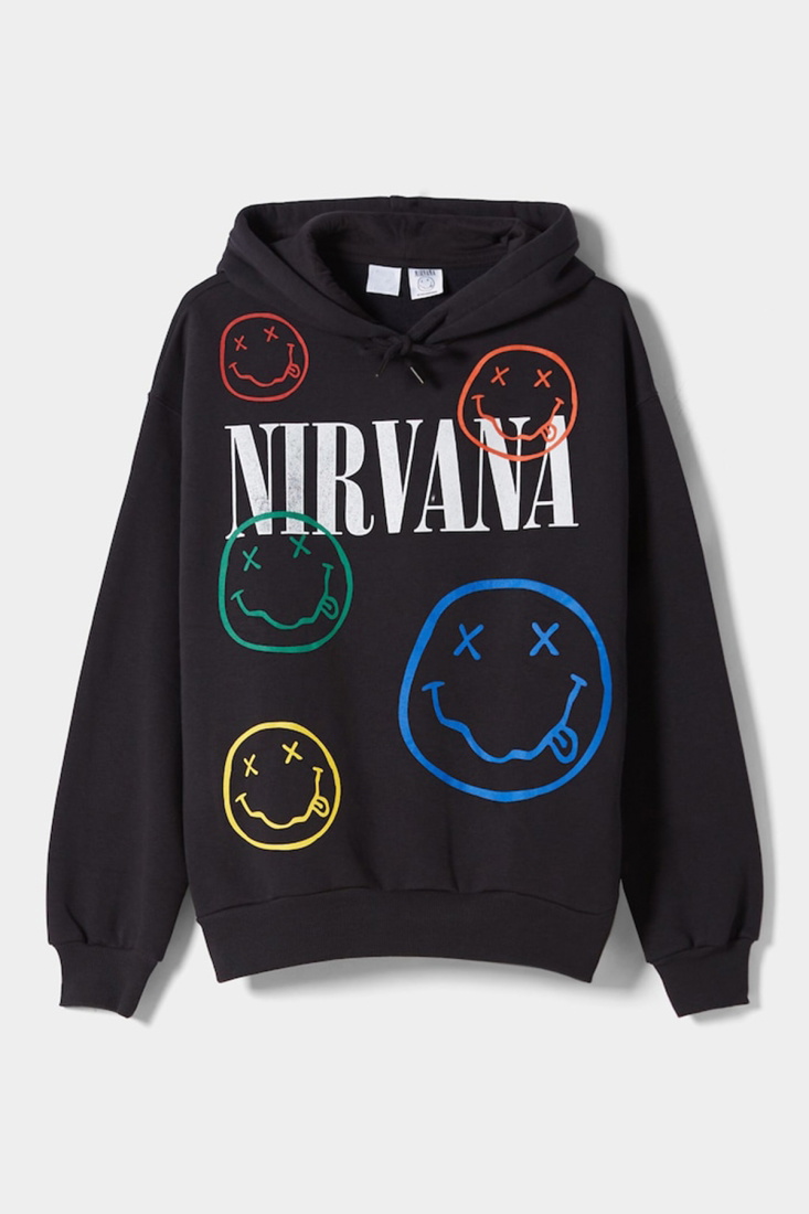 Siyah Nirvana Baskılı Hoodie Sweat ATE2266 - EYYO