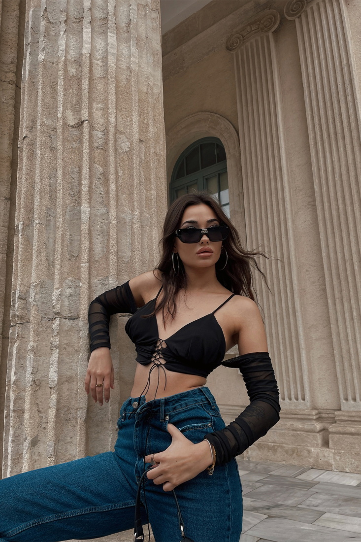 Siyah Önden Bağlamalı Crop Top ATE3554 - ELEY