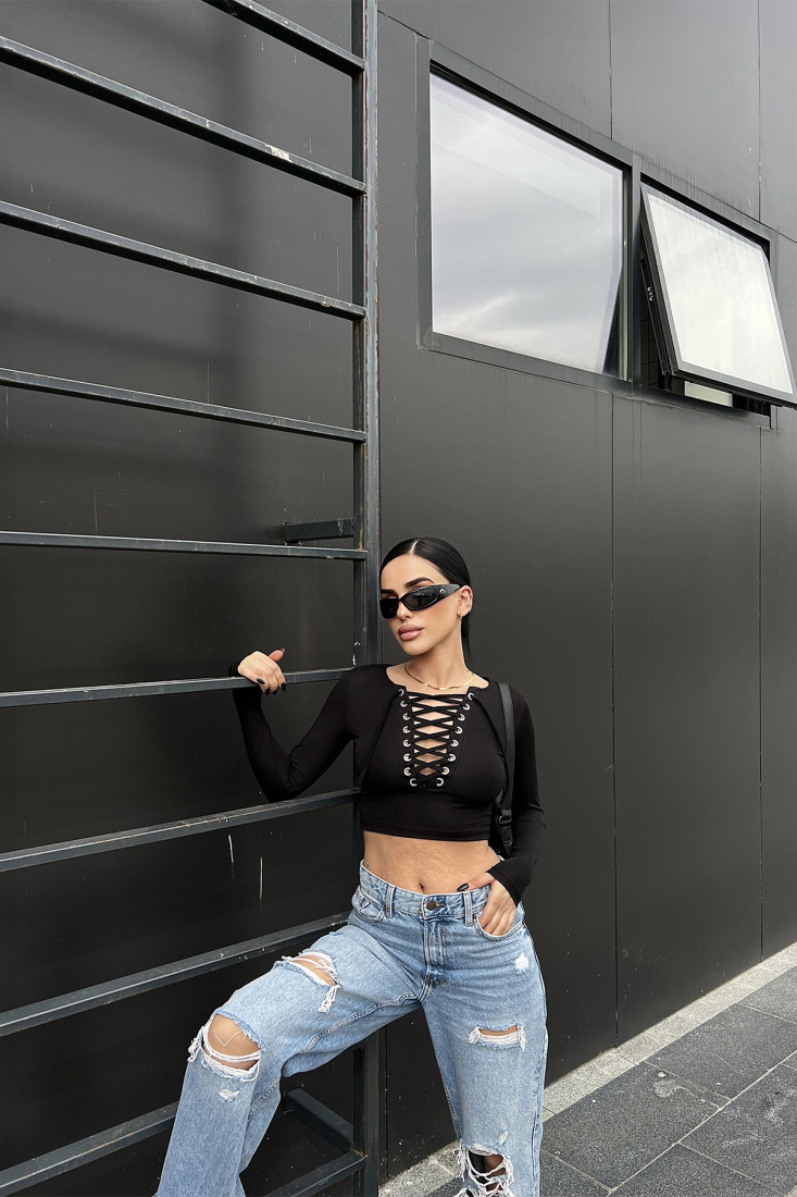 Siyah Önden Bağlamalı Crop Top ATE4749 - gecce