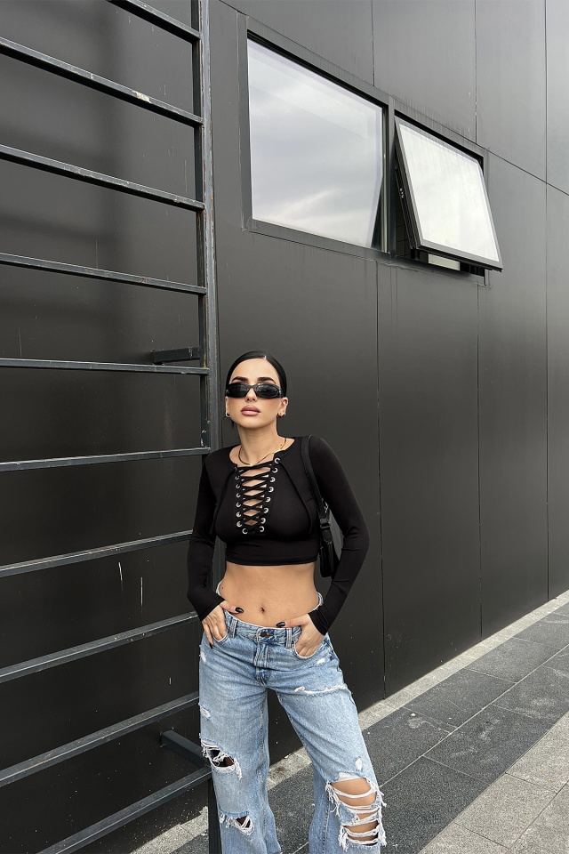 Siyah Önden Bağlamalı Crop Top ATE4749 - 2