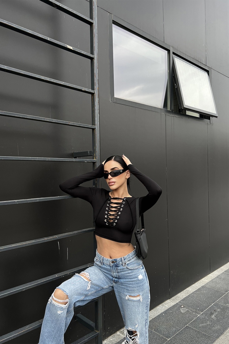 Siyah Önden Bağlamalı Crop Top ATE4749 - gecce