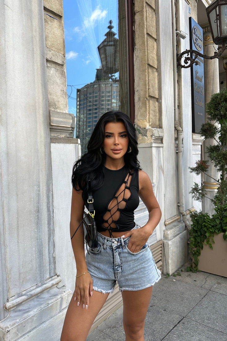 Siyah Önden Bağlamalı Crop Top ATE7867 - gecce
