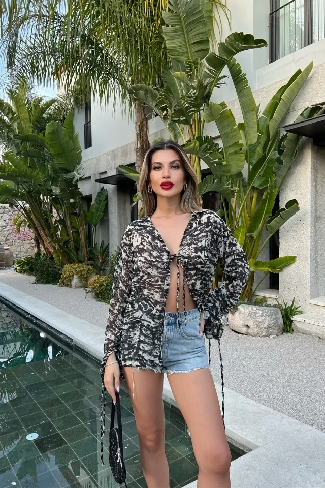 Mima Desenli Siyah Şifon Gömlek ATE1843 - EYYO ATELIER