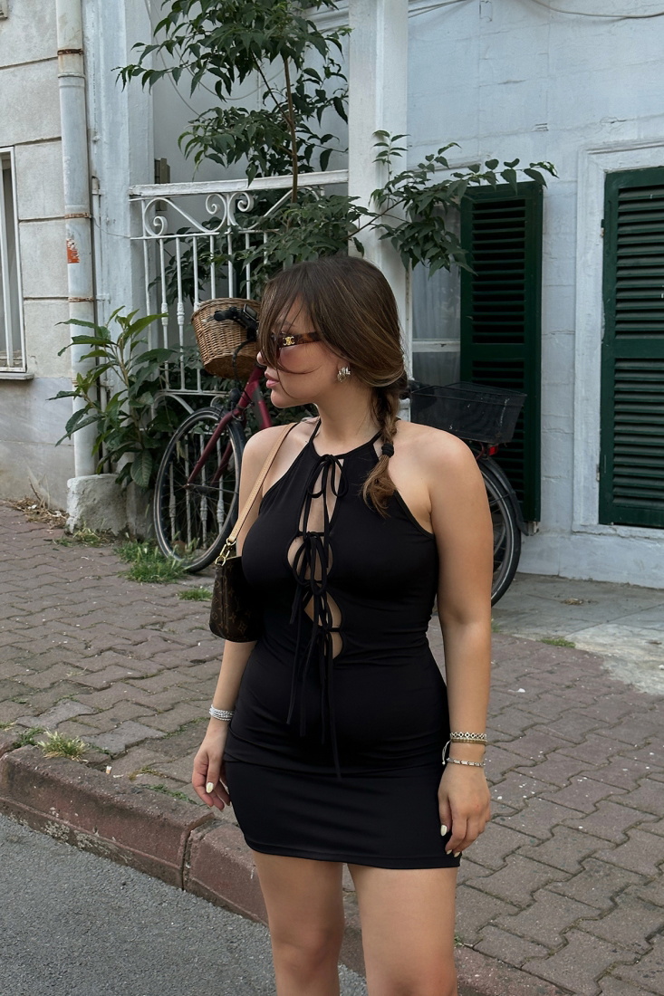 Siyah Önden Bağlamalı Mini Elbise ATE7739 - EYYO