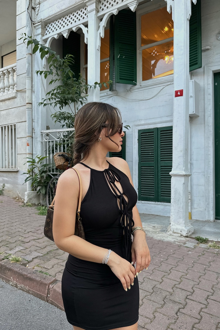 Siyah Önden Bağlamalı Mini Elbise ATE7739 - EYYO
