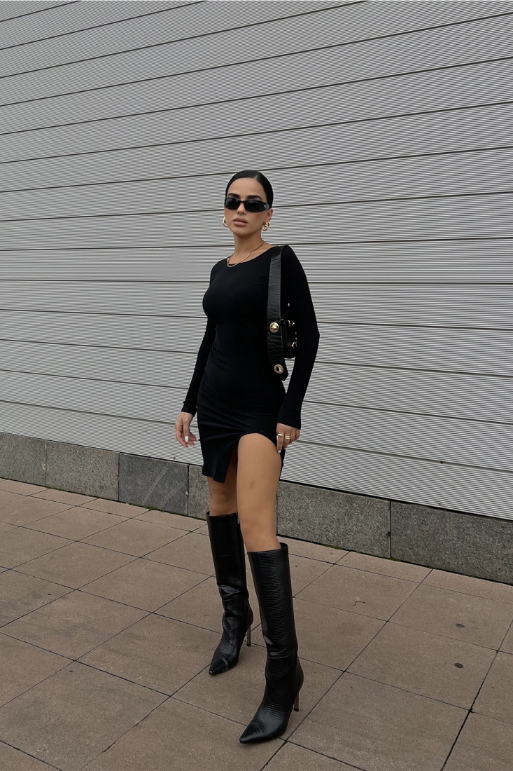 Siyah Önden Yırtmaçlı Elbise ATE2449 - EYYO