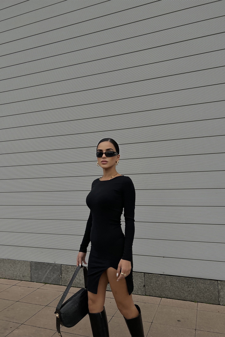 Siyah Önden Yırtmaçlı Elbise ATE2449 - EYYO