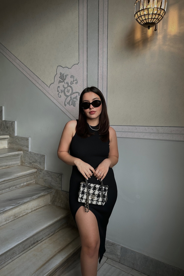 Siyah Önden yırtmaçlı Mini Elbise ATE3679 - EYYO