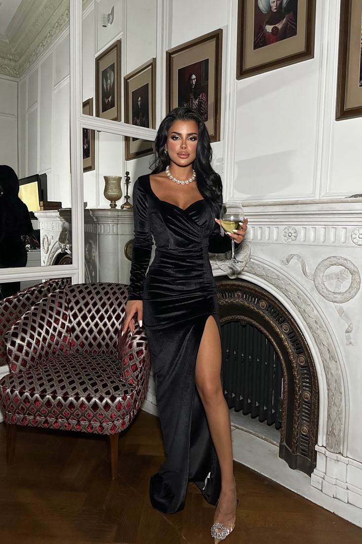 Siyah Önden Yırtmaçlı Uzun Elbise ATE8547 - EYYO