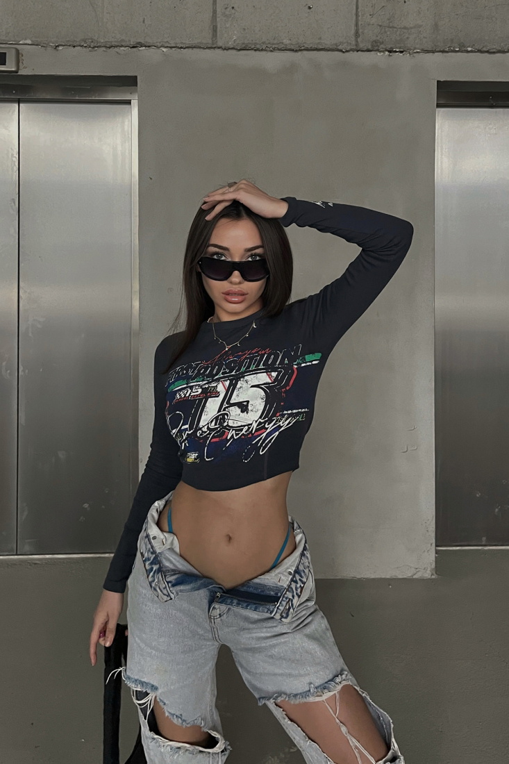 Siyah Önü Baskılı Crop Top ATE4207 - KALİMERA