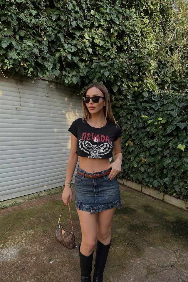 Siyah Önü Baskılı Crop Top ATE4340 - 1