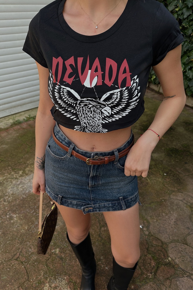 Siyah Önü Baskılı Crop Top ATE4340 - 2