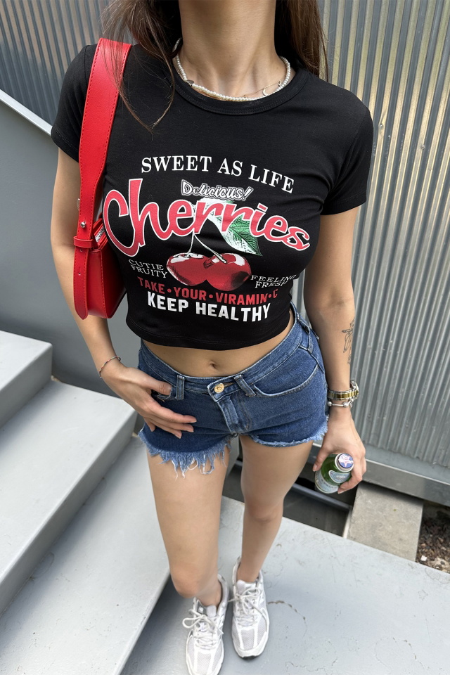 Siyah Önü Baskılı Crop Top ATE7324 - 2