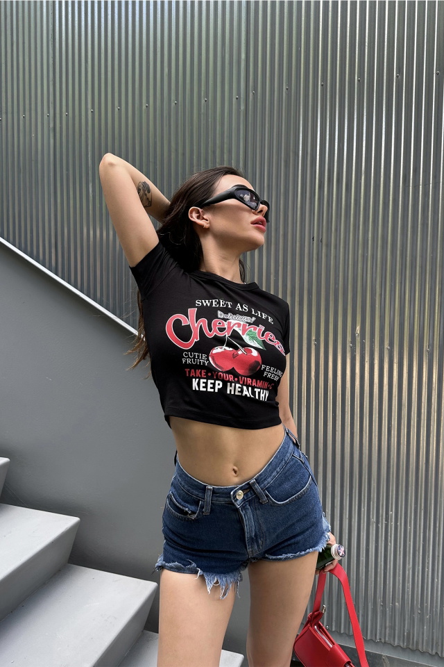 Siyah Önü Baskılı Crop Top ATE7324