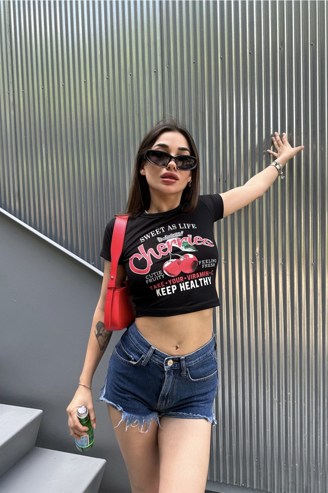 Siyah Önü Baskılı Crop Top ATE7324 -