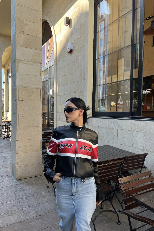 Siyah Önü Baskılı Deri Kolej Ceket ATE3905 - 1