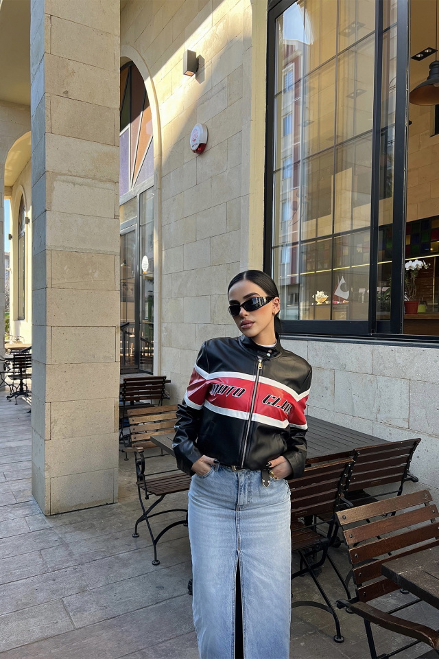 Siyah Önü Baskılı Deri Kolej Ceket ATE3905 - 6