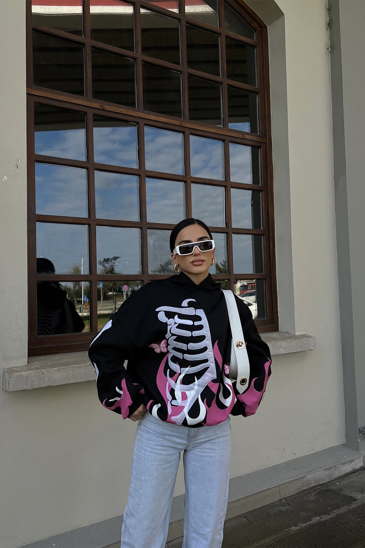 Siyah Önü Baskılı Kapşonlu Sweat ATE2507 - EYYO