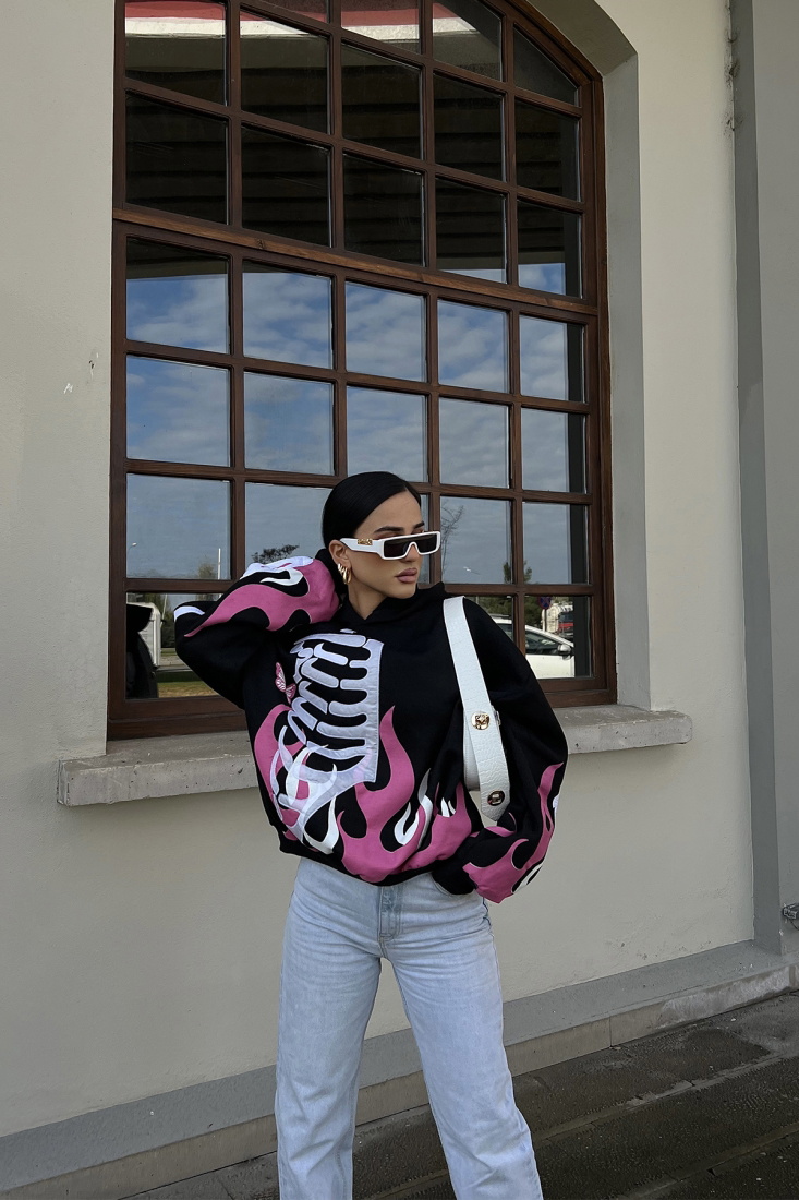 Siyah Önü Baskılı Kapşonlu Sweat ATE2507 - EYYO