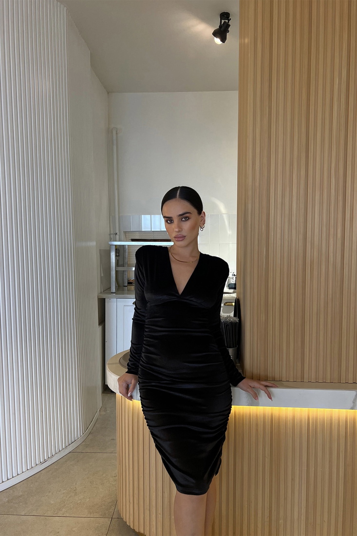 Siyah Önü Büzgülü Midi Elbise ATE2871 - EYYO