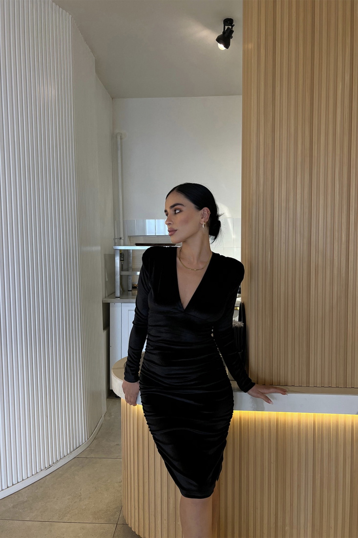 Siyah Önü Büzgülü Midi Elbise ATE2871 - EYYO